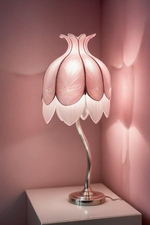 in style of Rene Lalique,Bedroom lamp,modern style,new Chinese style,Warming lighting,photography,Telephoto lens,Bauhaus,Placed in a corner of a girl's pink bedroom,Thin and transparent, shaped like a lotus,Modernism,elegant,warm,Mottled light shadow,White