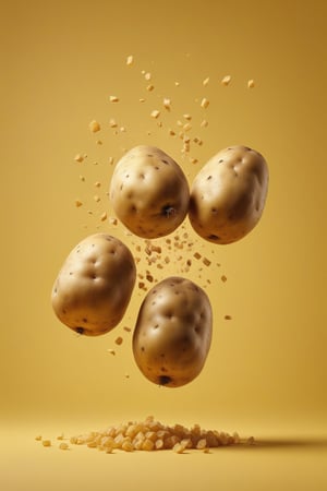 Surreal design photo of two potatoes falling in the air. High resolution photo. Selective focus. Shallow depth of field, 3D image, 3D illustration, 3D rendering, digitally generated image, isolated on yellow