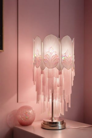 in style of Rene Lalique,Bedroom White lamp,modern style,new Chinese style,Mottled light shadow,Warming lighting,photography,Telephoto lens,Bauhaus,Placed in a corner of a girl's pink bedroom,Thin and transparent, shaped like a lotus,Modernism,elegant,warm,tassel