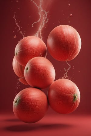 This surreal design photo of three bitter melons falling in the air. High resolution photo. Selective focus. Shallow depth of field, 3D image, 3D illustration, 3D rendering, digitally generated image, isolated on red