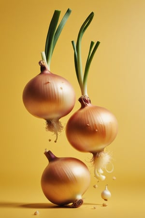 Surreal design photo of two onions falling from the air. High resolution photo. Selective focus. Still life shot, shallow depth of field, 3D image, 3D illustration, 3D rendering, digitally generated image, isolated on yellow