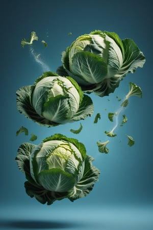 This photo of a surreal design shows two cabbages falling from the air. High resolution photo. Selective focus. Shallow depth of field, 3D image, 3D illustration, 3D rendering, digitally generated image, light isolated