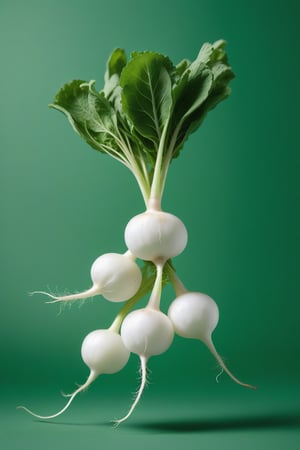 Two white radishes separated by their stems in this surreal design photo. High resolution photo. Selective focus. Shallow depth of field, 3D image, 3D illustration, 3D rendering, digitally generated image, isolated on green
