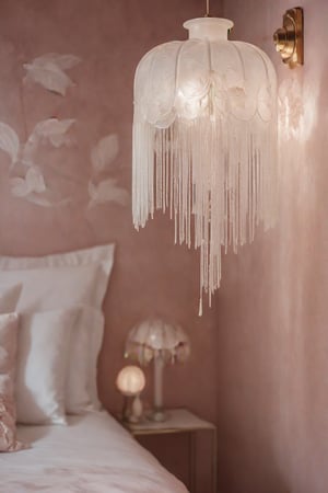 in style of Rene Lalique,Bedroom White lamp,modern style,new Chinese style,Mottled light shadow,Warming lighting,photography,Telephoto lens,Bauhaus,Placed in a corner of a girl's pink bedroom,Details show lotus pattern,Thin and transparent, shaped like a lotus,Modernism,elegant,warm,tassel,Optimize details