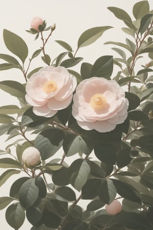 vegetation painting in style of Harriet Lee-Merrion,microscopic view,Morning sunlight,illustration,high detail,Cryptic,Long Shot(LS),Camellia