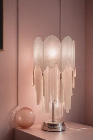 in style of Rene Lalique,Bedroom White lamp,modern style,new Chinese style,Mottled light shadow,Warming lighting,photography,Telephoto lens,Bauhaus,Placed in a corner of a girl's pink bedroom,Thin and transparent, shaped like a lotus,Modernism,elegant,warm,tassel