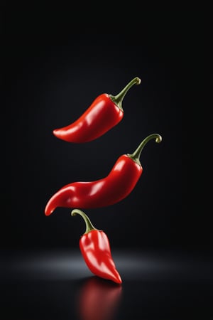Surreal design photo of two small red peppers falling in the air. High resolution photo. Selective focus. Shallow depth of field, 3D image, 3D illustration, 3D rendering, digitally generated image, isolated on black