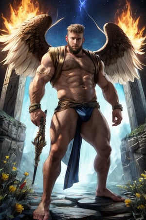 Full body shot, 3D illustration of characters, real character texture, ultra-high-definition resolution. The ancient Greek God of War, slightly fat and muscular, with chest hair, short hair, a small amount of beard on his face, wearing a bracelet, gauzy Nordic robe (see-through clothes), intricate details, slightly damp clothes, cool clothes on the lower body, massive bulge,clothes damaged in battle The state is more sexy, holding the Poseidon Trident, standing on the rune stone platform and ascending, accompanied by Cupid, and behind him is the flame totem ring. The background of the picture is the constellation starry sky totem.