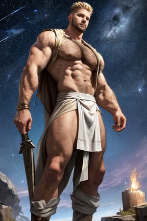 Full body shot, 3D illustration of characters, real character texture, ultra-high-definition resolution. The ancient Greek God of War, slightly fat and muscular, with chest hair, short hair, a small amount of beard on his face, wearing a bracelet, gauzy Nordic robe (see-through clothes), intricate details, slightly damp clothes, cool clothes on the lower body, clothes damaged in battle The state is more sexy, holding the Poseidon Trident, standing on the rune stone platform and ascending, accompanied by Cupid, and behind him is the flame totem ring. The background of the picture is the constellation starry sky totem.