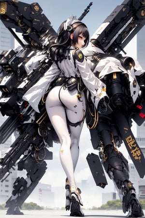 The girl with black hair and golden eyes has a slender figure, wearing a white tights. Part of her body is equipped with complex mechanical equipment. There are two machine guns on her shoulders, extending from her back. She faces the screen in a back-to-back posture, with her legs spread wide, looking back at the front. , with eyes covered by goggle equipment, the background is in front of the Japan Metropolitan Police Department