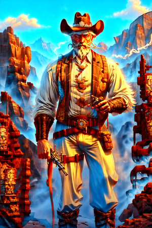 Holding a large revolver, dressed like an American western cowboy, an old European man with blond hair and blue eyes with beard, holding a cigarette, standing in the Great Shaanxi Valley of the United States.