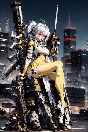 The female has a white afro, a slender figure, wearing a yellow tights, with some equipment on her body, and a black heavy weapon beside her. She sits down and cross her feet’s, and her hand is supported by the weapon. Tokyo city at night in the background