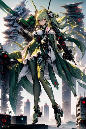 A woman with long green hair, red eyes, slender figure, wearing a peach tights and yellow precision mechanical armed equipment, covering part of her body, holding an electronic mallet, jumping from a high altitude, looking down, the picture is from bottom to top Photo above, facing a huge battleship, preparing for battle, with urban buildings in the background