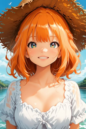 An orange-haired woman with orange cat ears is wearing a white dress, half of her body is soaked in the sea water. There are birds flying next to the beautiful coast. Under the balcony, the woman is wearing a straw hat and smiling happily.