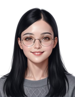 ultra realistic detailed digital painting, heavy strokes, portrait, looking at viewer, smile, white plain background,  highres, round glasses