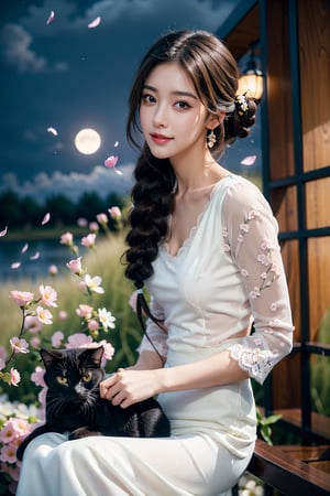 Masterpiece, best quality, 1girl, (colorful), (fine beautiful eyes and detailed face), light brown hair, white lace dress, brown eyes, braided hairstyle, movie lighting, half body shot, extremely detailed CG uniform 8k wallpaper, white hair, solo, smile, intricate skirt, ((flying petals)), (flowery meadow) sky, cloudy sky, architecture, moonlight, moon, night, (dark theme: 1.3), light, fantasy, jisoo, 1 girl, asia, holding a black persian cat in her hands