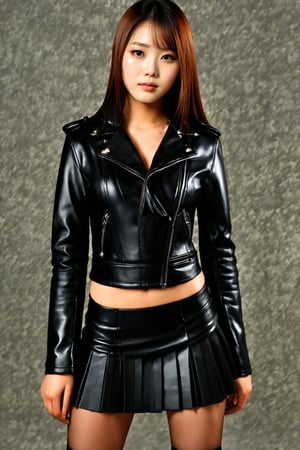 22yo cruel arrogant and sadistic japanese girl wearing sleek sexy black leather jacket and skirt