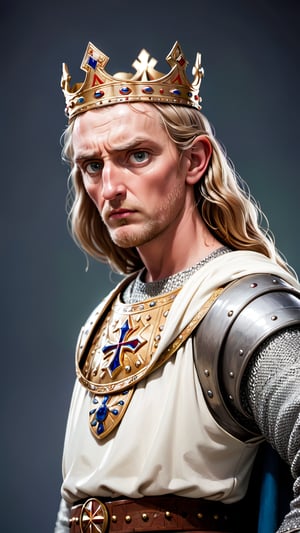 Portrait of King Ælla of Northumbria looking worried, wearing Anglo-Saxon crown and clothing