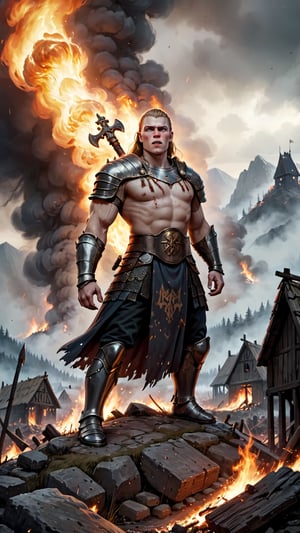 Dark, atmospheric painting of Ivar the Boneless as a brutal conqueror, looming over a burning village