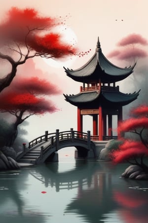 ink scenery, no humans, sunset, lake in the middle of the forest, big trees, blooming branches, red flowers on the water, big temple with stairs, Chinese bridge over the pond, muted colors,  negative space,  chinese ink drawing