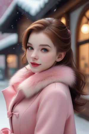 best quality,HDR,UHD,8K,Vivid Colors,solo,photo_,(1girl:1.3),(standing:1.3),(looking at viewer:1.4),Elegant,detailed gorgeous face,(upper body:1.2),bright,(snowing background:1.2),(pale skin:1.4),,Twinkle,pink coat,fur collar,bow,girl