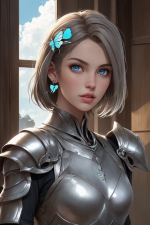 1girl, solo, long hair, looking at viewer, blue eyes, brown hair, hair ornament, dress, jewelry, upper body, earrings, parted lips, indoors, lips, watermark, bug, butterfly, box, gift, 1ищн, solo, looking at viewer, short hair, upper body, weapon, grey hair, sky, cloud, armor, lips, gun, scar, kiss