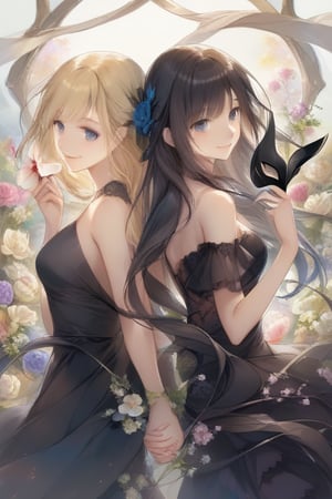 long hair, smile, multiple girls, blonde hair, black hair, dress, 2girls, flower, black dress, mask, holding hands, back-to-back, mask removed, holding mask