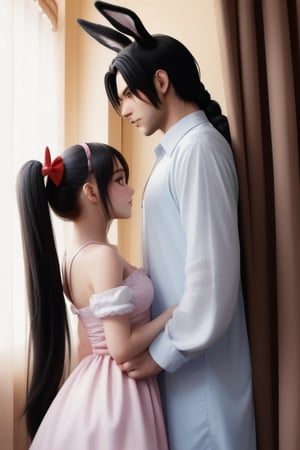 1girl, long hair, black hair, 1boy, dress, animal ears, very long hair, ponytail, rabbit ears, from side, curtains, pillar