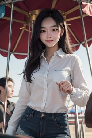 background is amusement park,
18 yo, 1 girl, beautiful korean girl,
wearing white collared long sleeve shirts,short pants, smile,riding a merry-go-round, solo, {beautiful and detailed eyes}, dark eyes, calm expression, delicate facial features, ((model pose)), Glamor body type, (dark hair:1.2), very_long_hair, hair past hip, bangs, straight hair, flim grain, realhands, masterpiece, Best Quality, 16k, photorealistic, ultra-detailed, finely detailed, high resolution, perfect dynamic composition, beautiful detailed eyes, eye smile, ((nervous and embarrassed)), sharp-focus, full_body, cowboy_shot,