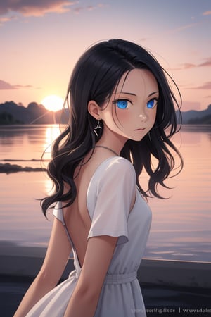 1girl, long hair, looking at viewer, blue eyes, blonde hair, shirt, black hair, 1boy, dress, jewelry, closed mouth, upper body, white hair, earrings, outdoors, artist name, necklace, white dress, from side, lips, watermark, wavy hair, backlighting, sunset, back-to-back