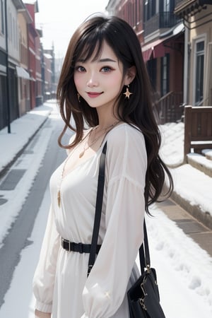 Beautiful and delicate light, (beautiful and delicate eyes), pale skin, big smile, brown eyes, black brown long hair, dreamy, c cup chest, 2000s (style), front shot, Asian girl, bangs, soft expression, height 170, elegance, bright smile, 8k art photo, realistic concept art, realistic, portrait, necklace, small earrings, handbag, fantasy, jewelry, shyness,  white_shirt, one piece dress, snowy street, footprints, stars_(sky), night_sky, ,JeeSoo 