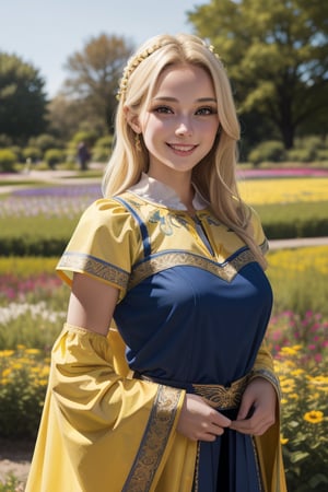 1girl, upper body, beautiful young woman, blonde, smiling, (in beautiful Ukrainian national costume of blue-yellow color), sunny day, botanical garden, realistic