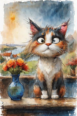 face of magnificent anthropomorphic fluffy calico cat in a room with table, labrary, chairs, vase with flowers, nice lanscape out of the window, road in a beautiful village, river, bridge, thees, cottage, in blue, red and orange color corected, in spring painting