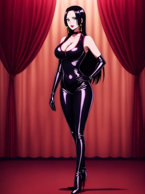 1 woman, tall woman, beautiful face, black latex bodysuit, black latex catsuit, black high heel boots, beautiful face, dark red lipstick, beautiful eyes, bare shoulders, big boobs, big breasts, deep cleavage, elbow high latex gloves, ,boa_hancock,adorableMS, sexy pose, standing, front view, striking pose, most beautiful woman on the planet,  best art, shiny beautiful hair, long straight hair, boa hancock, hd quality, high quality, high resolution, 4k, best view, full body, no background, solo picture, solo woman, hottest woman, amazing art, flawless beauty, sexy body figure,boa hancock, cleavage cutout, holding a whip, whiplash, choker
