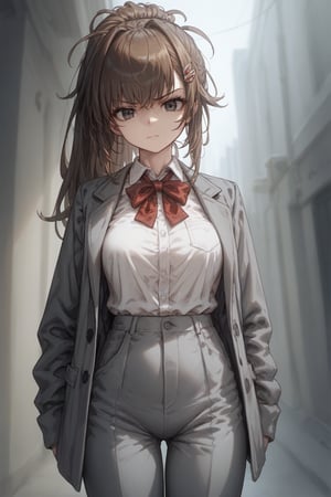 Prompt: score_9, score_8_up, score_7_up, masterpiece,original,1girl,solo,(Yankee girl,delicate face,:1.2),Brown hair,long hair, ponytail,JK,gray School uniform, gray jacket, white collared shirt, red ribbon, gray pants,(big hair:0.9),black eyes,disdain,looking at the viewer,annoyed,