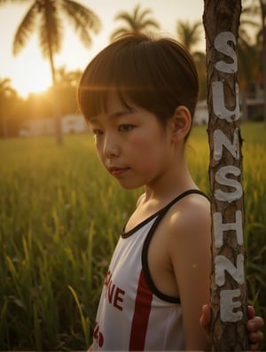 Floodlight,This is a sunlit portrait of a young boy in profile with he face to the camera,bathed in warm,soft light that creates a halo effect around he. He black hair . He is wearing sportswear, The background is blurred to ensure that the focus is on the subject. The photograph is softly lit and luminous,with delicate romantic tones and an ethereal,dreamy quality. The soft focus enhances the gentle and serene atmosphere of the image., where lush greenery and bold emblazoned words" SUNSHINE "create a striking visual counterpoint to her melancholic countenance, as if bathed in the faint light of the street lamps.(Film grain: 1.2, ultra detailed skin texture)
