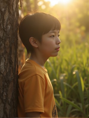 Floodlight,This is a sunlit portrait of a young boy in profile with he face to the camera,bathed in warm,soft light that creates a halo effect around he. He black hair . He is wearing sportswear, The background is blurred to ensure that the focus is on the subject. The photograph is softly lit and luminous,with delicate romantic tones and an ethereal,dreamy quality. The soft focus enhances the gentle and serene atmosphere of the image., where lush greenery and bold emblazoned words" SUNSHINE "create a striking visual counterpoint to her melancholic countenance, as if bathed in the faint light of the street lamps.(Film grain: 1.2, ultra detailed skin texture)
