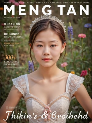 Here is a magazine cover titled 'MENG TAN':girl with a divine appearance, dressed in an elegant ensemble of ethereal and semi-transparent clothing, with a deep neckline that runs from her chest to her navel. Her hair is short, reaching her shoulders, and she wears soft makeup that highlights her natural beauty. A crown of small, delicate flowers adorns her head, adding to her ethereal charm. She appears as a forest goddess, surrounded by a lush landscape full of vibrant flowers and vegetation. A colorful aura surrounds her, emphasizing her divinity as her attire flows harmoniously with the environment, radiating a mystical and serene presence,