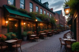 outside a cafe, european style cafe, old English style cafe, coffeehouse made of brick with dark green trim on wood paneling, cobblestone street, chairs and tables outside cafe, potted plants, warm lighting, evening, twilight hours, autumn setting, dark clouds in the sky, old fashioned street lamps, 