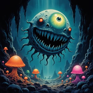 A beholder is a weird and creepy spherical creature floating in air with a giant eye and a large mouth full of teeth, There are tentacles appearing instead of hair which each tentacle has an eye on their tips, eyes are looking around. Beholder is floating in a gloomy and dim cave enlightened with luminous mushrooms in various colors, There are Stalagmites and Stalacites in the cave, surrounded with small mushroom forests. 