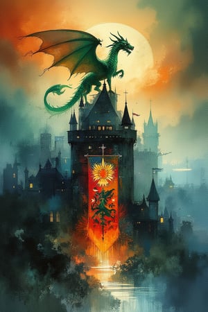 In kalerair style, A majestic green dragon rises atop a foreboding dark castle, its fiery roar echoing through the night as a vibrant heraldic banner unfurls beneath. The banner's intricate design shines with Glass fragments, set against a kaleidoscope of colors: orange, blue, black, yellow, and green. Rich brushstrokes blend in an abstract style, imbuing the composition with dynamic energy.,