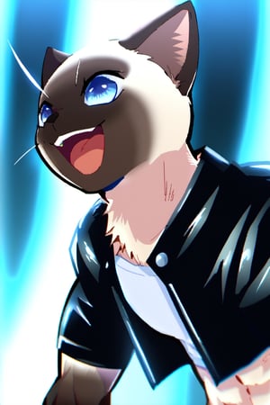 1boy, furry, Siamese cat, blue eyes, medium short shot, slim with some muscles, black leather jacket, open jacket, white t-shirt underneath, smiling with open mouth, heroic pose, high quality