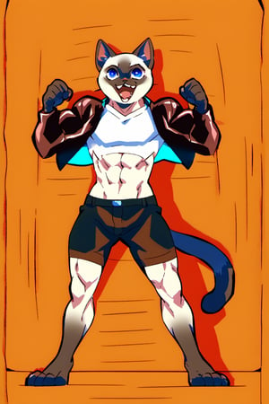 1boy, furry, Siamese cat, blue eyes, full body shot, slim with some muscles, black leather jacket, open jacket, white t-shirt, smiling with open mouth, heroic pose, high quality, orion