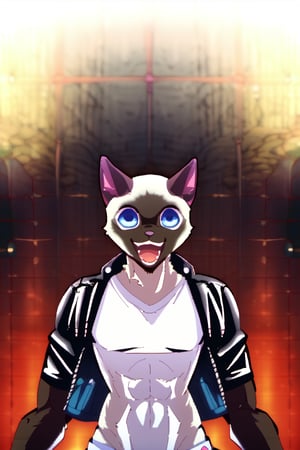 1boy, furry, Siamese cat, blue eyes, medium short shot, slim with some muscles, black leather jacket, open jacket, white t-shirt, smiling with open mouth, heroic pose, high quality