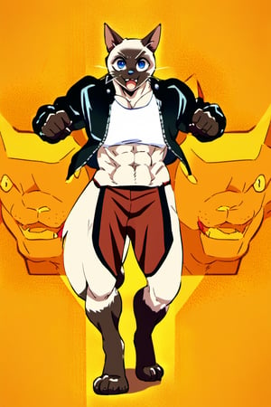 1boy, furry, Siamese cat, blue eyes, full body shot, slim with some muscles, black leather jacket, open jacket, white t-shirt, smiling with open mouth, heroic pose, high quality, orion