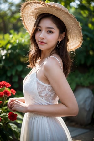 background is beach,sand,tropical forest,
20 yo, 1 girl, beautiful korean girl,standing,
wearing white simple summer dress(red flower pattern,strap),cloth flowing by wind, hold women hat with hands,smile, solo, {beautiful and detailed eyes}, dark eyes, calm expression, delicate facial features, ((model pose)), Glamor body type, (dark hair:1.2), simple tiny earrings, flim grain, realhands, masterpiece, Best Quality, 16k, photorealistic, ultra-detailed, finely detailed, high resolution, perfect dynamic composition, beautiful detailed eyes, eye smile, ((nervous and embarrassed)), sharp-focus, full_body, cowboy_shot,