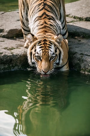 (best quality, masterpiece, ultra-detailed, 32k:1.2), wildlife photography editorial, a tiger drinking from a river, crystal clear water, vivid reflections, looking at the photographer, natural light, glittery