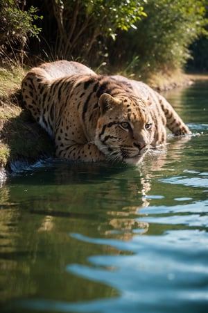 (best quality, masterpiece, ultra-detailed, 32k:1.2), wildlife photography editorial, a gold panther drinking from a river, crystal clear water, vivid reflections, looking at the photographer, natural light, glittery