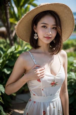 background is beach,sand,tropical forest,
20 yo, 1 girl, beautiful korean girl,standing,
wearing white simple summer dress(red flower pattern,strap),cloth flowing by wind, hold women hat with hands,smile, solo, {beautiful and detailed eyes}, dark eyes, calm expression, delicate facial features, ((model pose)), Glamor body type, (dark hair:1.2), simple tiny earrings, flim grain, realhands, masterpiece, Best Quality, 16k, photorealistic, ultra-detailed, finely detailed, high resolution, perfect dynamic composition, beautiful detailed eyes, eye smile, ((nervous and embarrassed)), sharp-focus, full_body, cowboy_shot,