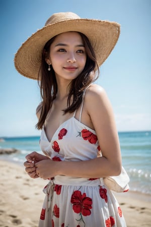 background is beach,sand,tropical forest,
20 yo, 1 girl, beautiful korean girl,standing,
wearing white simple summer dress(red flower pattern,strap),cloth flowing by wind, hold women hat with hands,smile, solo, {beautiful and detailed eyes}, dark eyes, calm expression, delicate facial features, ((model pose)), Glamor body type, (dark hair:1.2), simple tiny earrings, flim grain, realhands, masterpiece, Best Quality, 16k, photorealistic, ultra-detailed, finely detailed, high resolution, perfect dynamic composition, beautiful detailed eyes, eye smile, ((nervous and embarrassed)), sharp-focus, full_body, cowboy_shot,